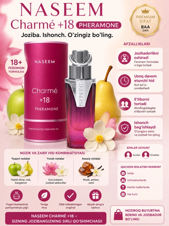 Naseem 15ml  Alkogolsiz Arab Parfyum  Ayollar va erkaklar uchun  Pheramone  4 xil hid - 