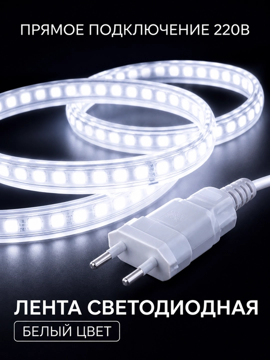 LED лента 220В SMD2835 120D IP65 влагозащищенная резка 10см 3000K 4000K 6500K с вилкой