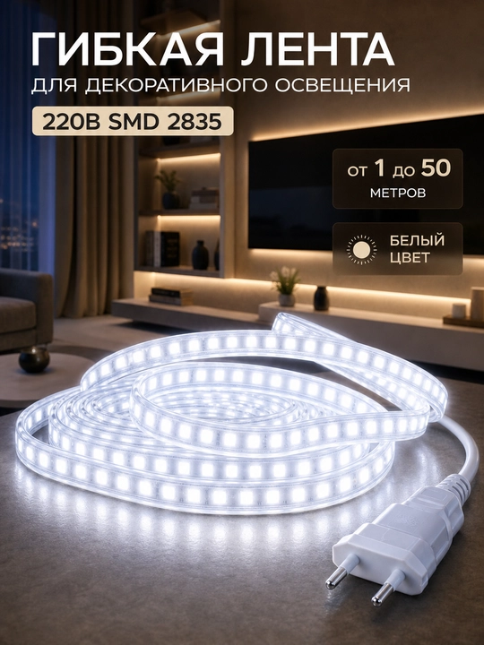 LED лента 220В SMD2835 120D IP65 влагозащищенная резка 10см 3000K 4000K 6500K с вилкой