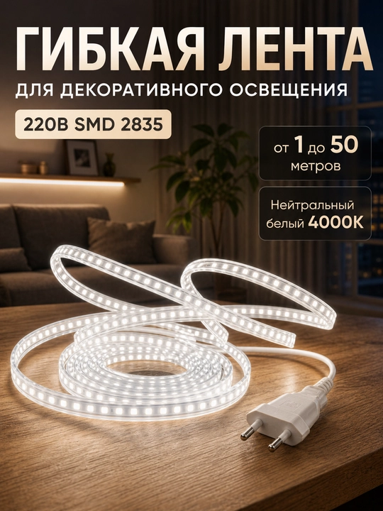LED лента 220В SMD2835 120D IP65 влагозащищенная резка 10см 3000K 4000K 6500K с вилкой