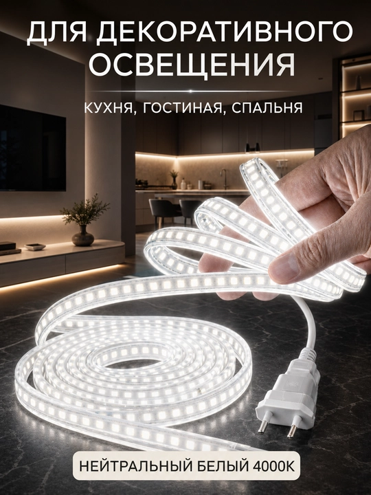 LED лента 220В SMD2835 120D IP65 влагозащищенная резка 10см 3000K 4000K 6500K с вилкой