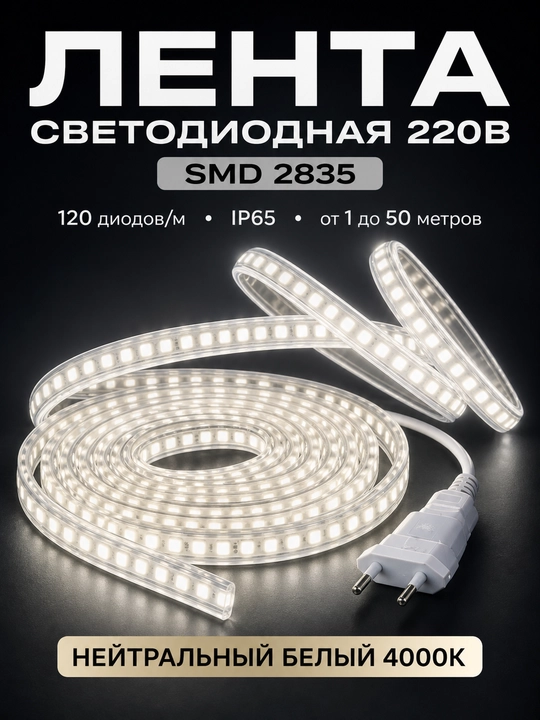 LED лента 220В SMD2835 120D IP65 влагозащищенная резка 10см 3000K 4000K 6500K с вилкой