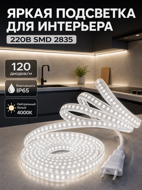 LED лента 220В SMD2835 120D IP65 влагозащищенная резка 10см 3000K 4000K 6500K с вилкой