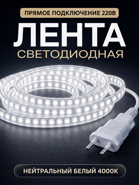 LED лента 220В SMD2835 120D IP65 влагозащищенная резка 10см 3000K 4000K 6500K с вилкой