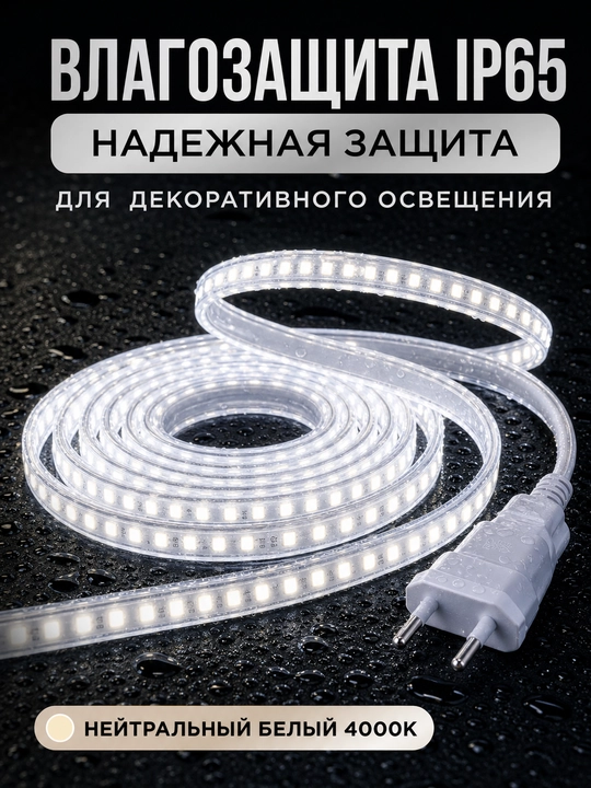 LED лента 220В SMD2835 120D IP65 влагозащищенная резка 10см 3000K 4000K 6500K с вилкой