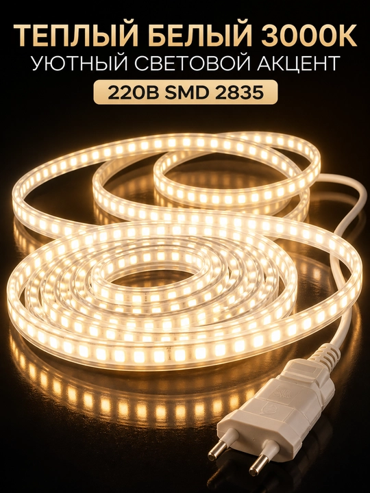 LED лента 220В SMD2835 120D IP65 влагозащищенная резка 10см 3000K 4000K 6500K с вилкой