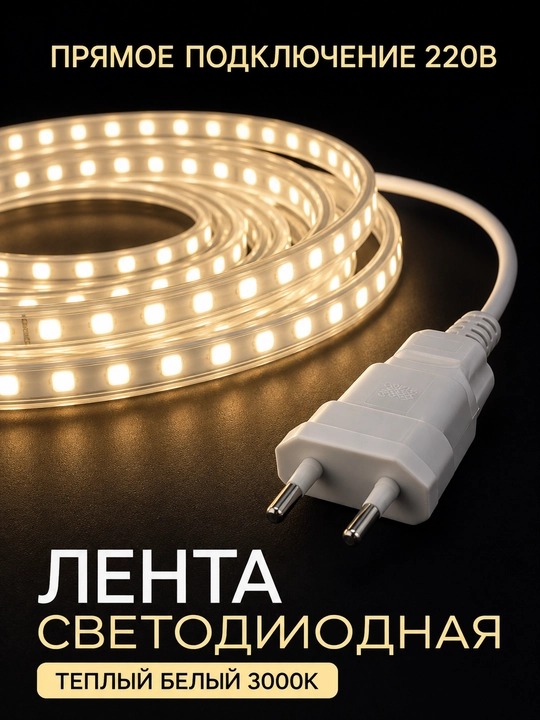 LED лента 220В SMD2835 120D IP65 влагозащищенная резка 10см 3000K 4000K 6500K с вилкой