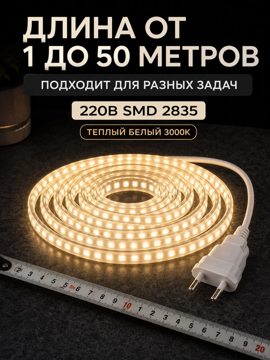 LED лента 220В SMD2835 120D IP65 влагозащищенная резка 10см 3000K 4000K 6500K с вилкой