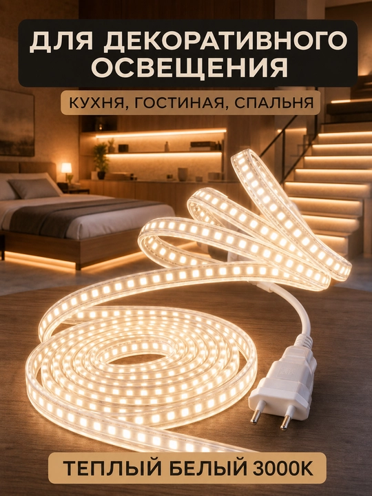 LED лента 220В SMD2835 120D IP65 влагозащищенная резка 10см 3000K 4000K 6500K с вилкой