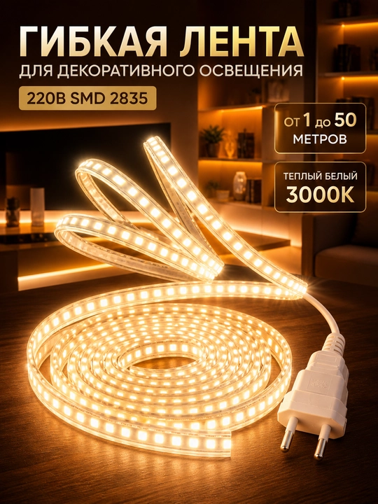 LED лента 220В SMD2835 120D IP65 влагозащищенная резка 10см 3000K 4000K 6500K с вилкой