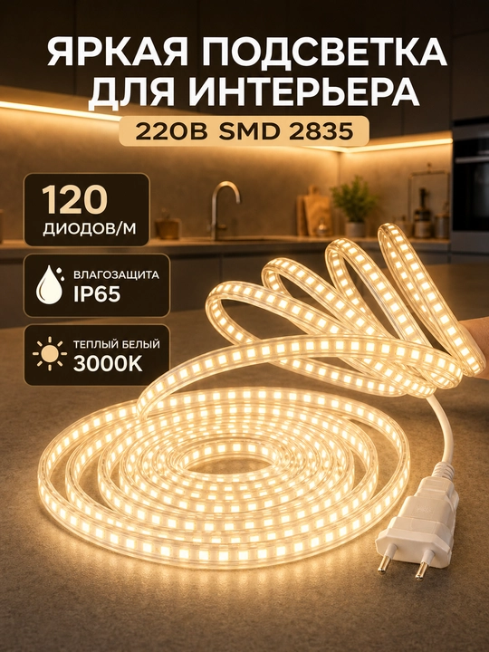LED лента 220В SMD2835 120D IP65 влагозащищенная резка 10см 3000K 4000K 6500K с вилкой