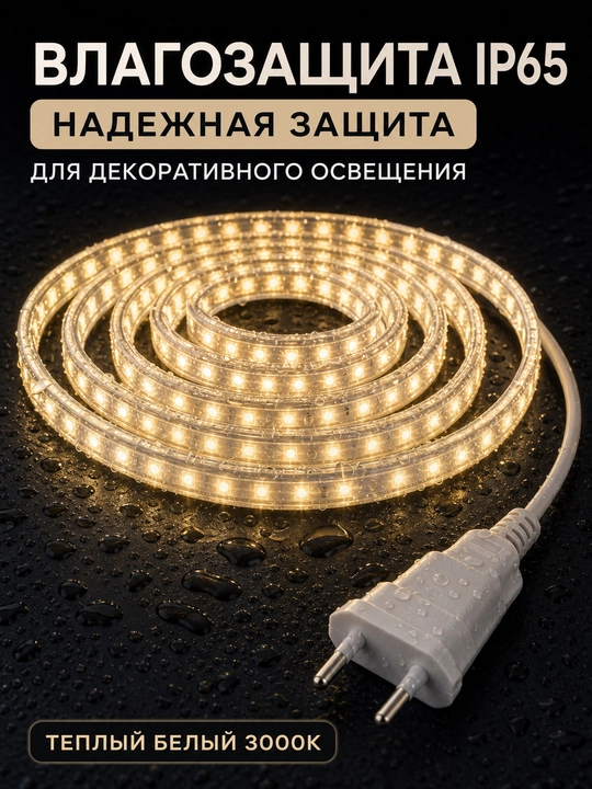 LED лента 220В SMD2835 120D IP65 влагозащищенная резка 10см 3000K 4000K 6500K с вилкой