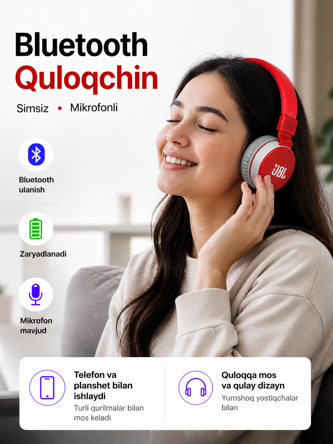 JBL 881A simsiz Bluetooth quloqchin, mikrofonli, bukiladigan dizayn