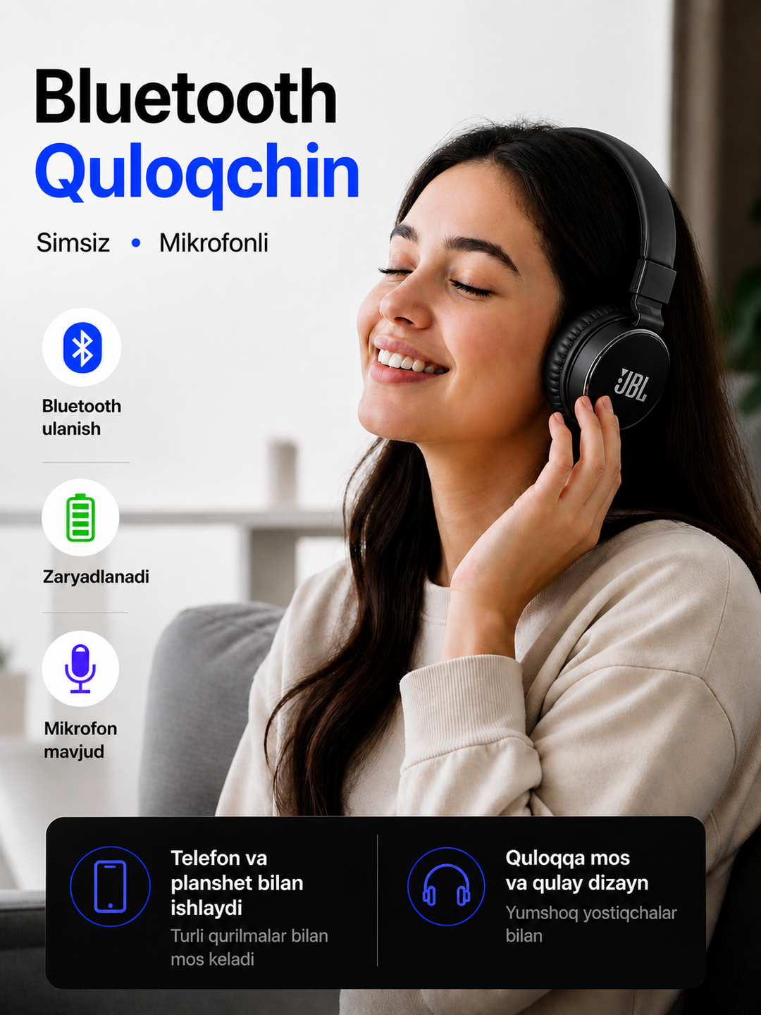 JBL 881A simsiz Bluetooth quloqchin, mikrofonli, bukiladigan dizayn