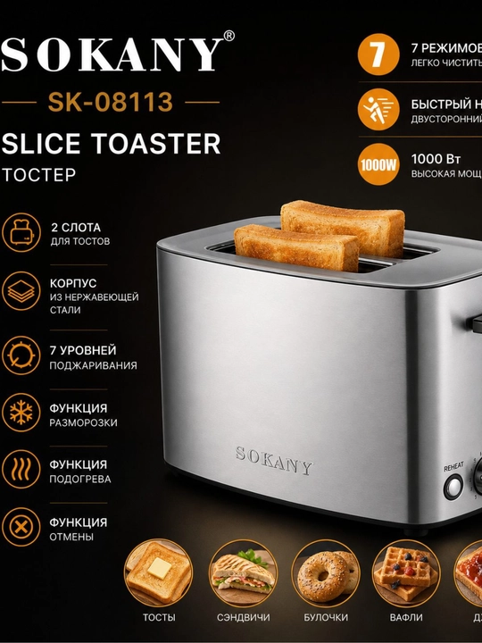 Toster, non va sendvichlar uchun, taglik bilan, 700 Vt, qulay, qovurish imkoniyati bilan