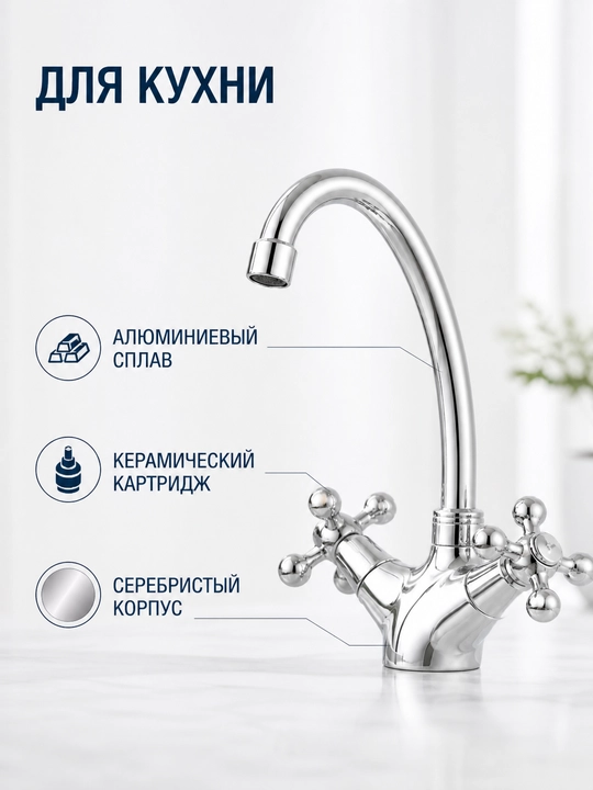 Смеситель для кухни и раковины два вентиля 90° поворот металлический с подводкой комплект