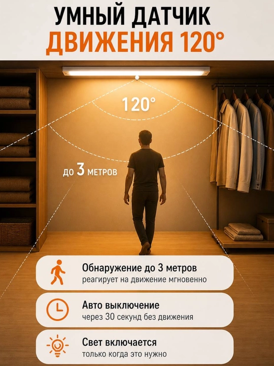 Светильник LED с датчиком движения беспроводной USB 30/40/60см 3 режима