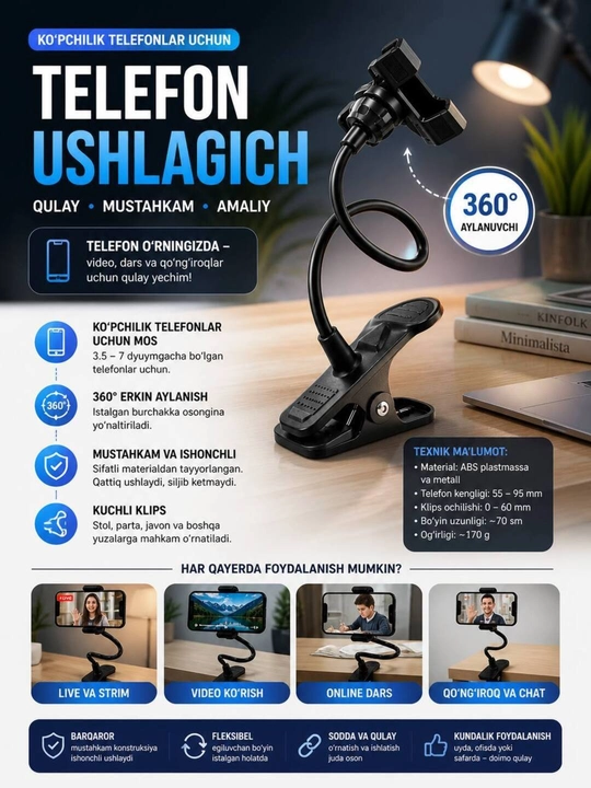 MEBEL HOLDER - telefon uchun egiluvchan uzunlikdagi tutqich, 50 sm - 