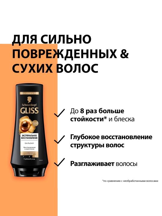 Бальзам GLISS KUR «Экстремальное восстановление» для сильно повреждённых и сухих волос, 200 мл