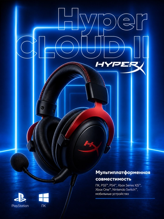 Игровая гарнитура HyperX Cloud II – 7.1 Surround, с микрофоном, удобная и мощный звук