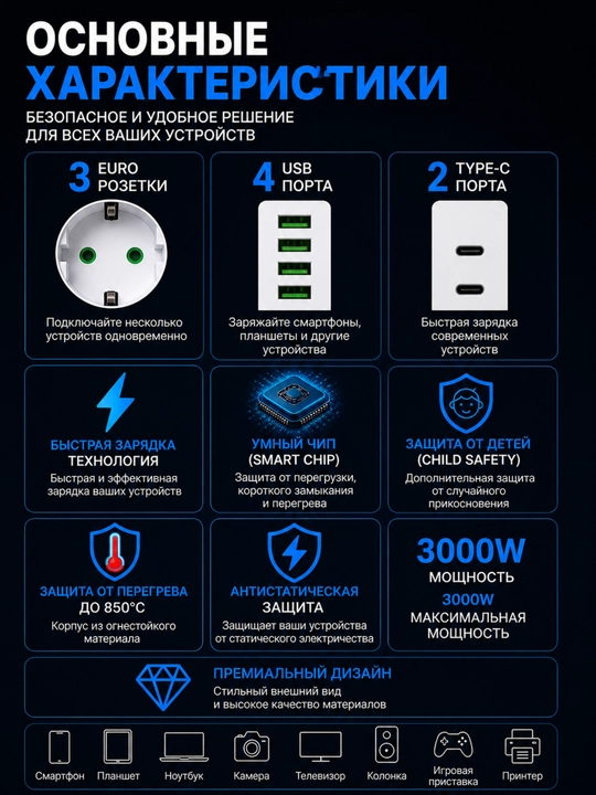 Многофункциональный удлинитель с беспроводной зарядкой (3 розетки, 4 USB, 2 Type-C, 3000W)