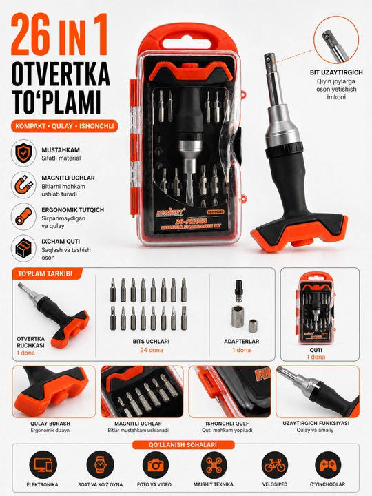 Otvyortka uchlari to‘plami 26 dona, bitlar to‘plami adapter bilan, bitlar - 