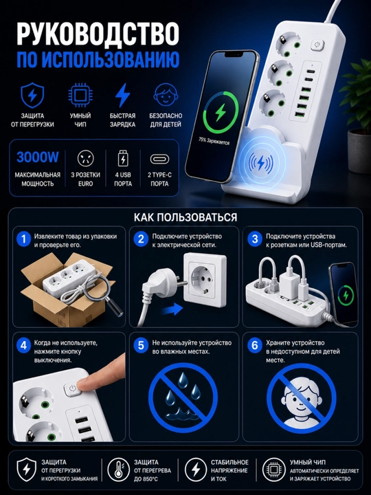 Многофункциональный удлинитель с беспроводной зарядкой (3 розетки, 4 USB, 2 Type-C, 3000W)