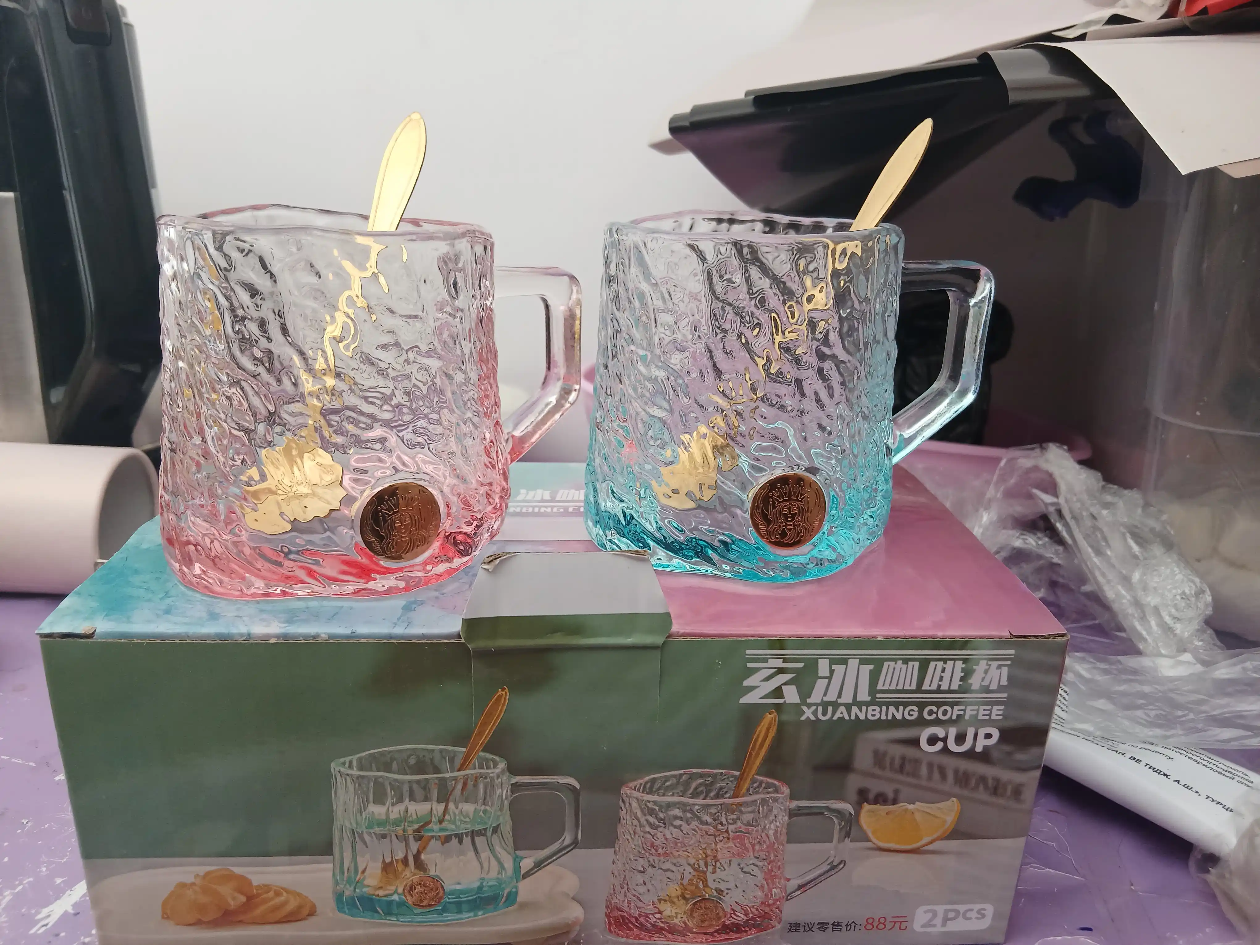 Choy va qahva uchun shisha krujka, bokal qoshiqchasi bilan, 2 dona va qoshiqcha bilan