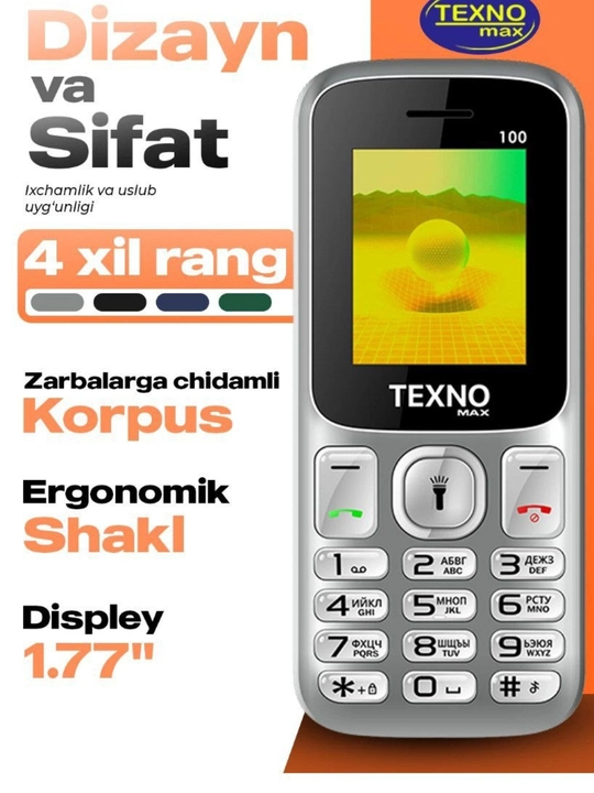 Texnomax 100 tugmachali telefon SPD 6533 protsessori, 2 ta SIM-karta, FM-radio,diktofon