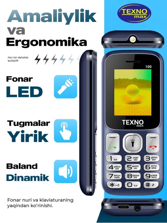 Texnomax 100 tugmachali telefon SPD 6533 protsessori, 2 ta SIM-karta, FM-radio,diktofon