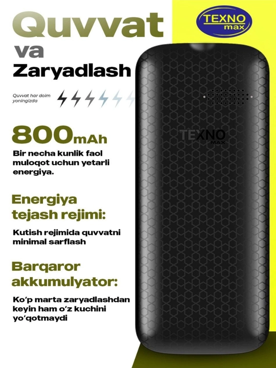 Texnomax 100 tugmachali telefon SPD 6533 protsessori, 2 ta SIM-karta, FM-radio,diktofon