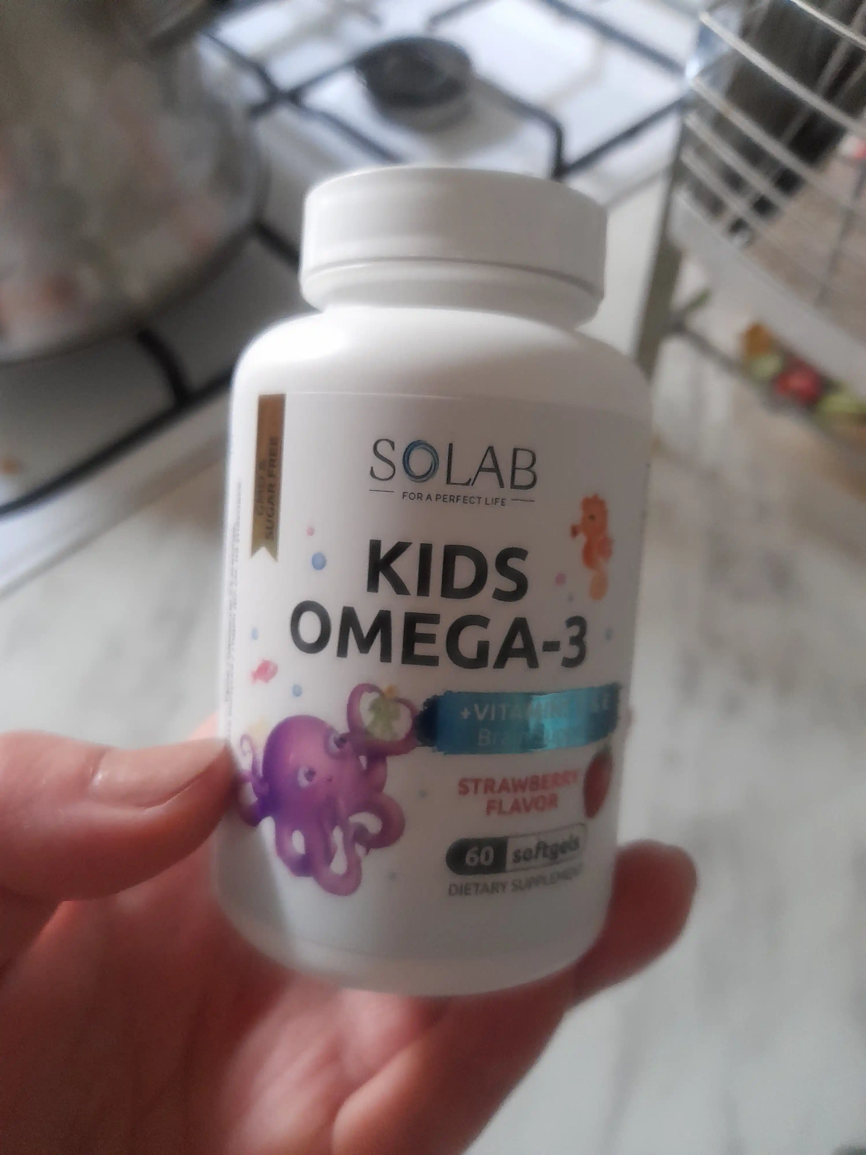Omega-3, SOLAB, bolalar uchun + D va E vitamini bilan, qulupnay ta'mi, 60 kapsula