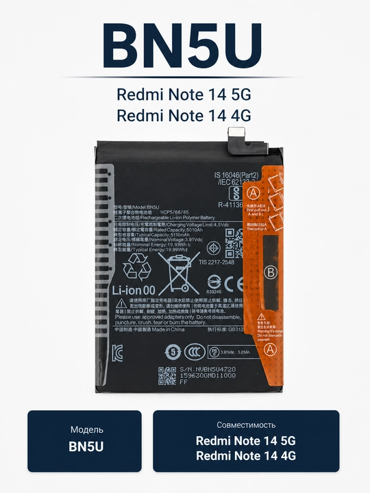 Аккумуляторы для смартфонов Redmi, Xiaomi: модели BM4N, BN5U, BN5X, BN5R, BM4W, BM4R, BM53