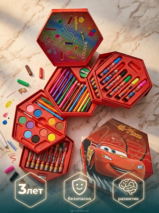 Disney Cars 46 ta Rassomlik To'plami - Bo'yoqlar, Qalamlar va Shamchalar bilan - 