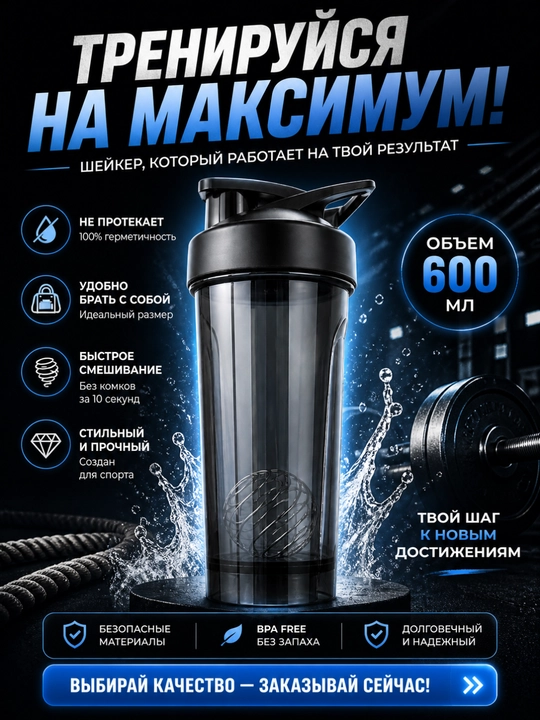 600 ml li sharikli sport sheykeri, protein shishasi, fitnes sheykeri