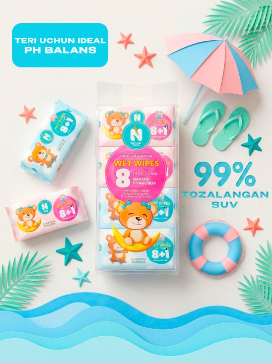 Влажные салфетки ''Natural Fresh'', super mini, 8 + 1