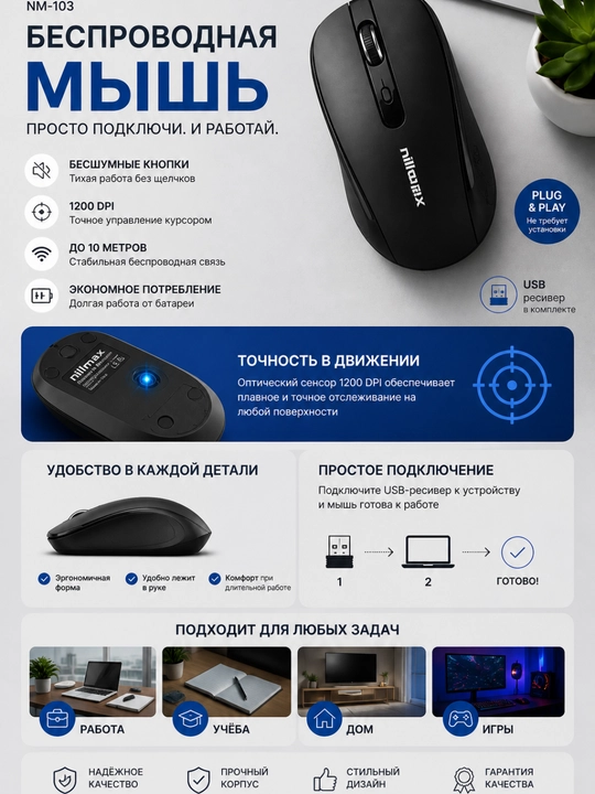 Беспроводная мышь Nilmax тихие кнопки - 