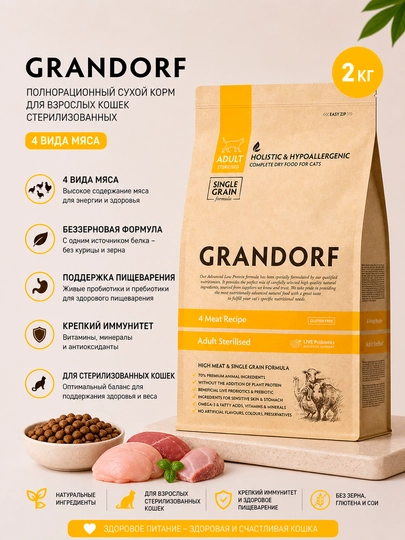 Сухой корм для стерилизованных кошек Grandorf Adult Sterilised 4 Meat, 2 кг