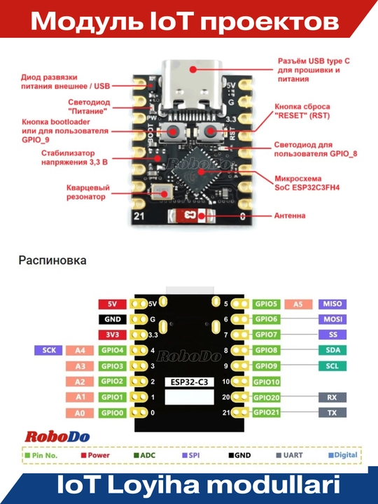 ESP32-C3 Super Mini ishlab chiqish platasi