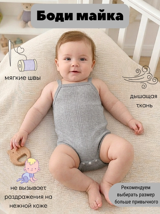 Боди-майка для новорождённых ,комфорт и мягкость , 100% хлопок - 