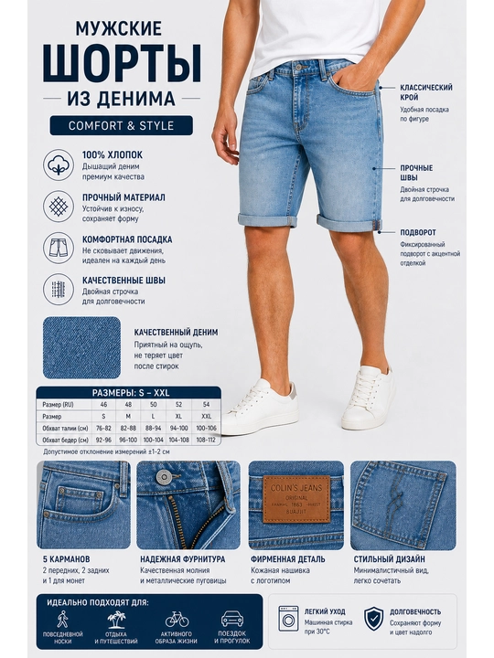 Мужские джинсовые шорты из денима 100% хлопок, классический крой, летние S–XXL - 
