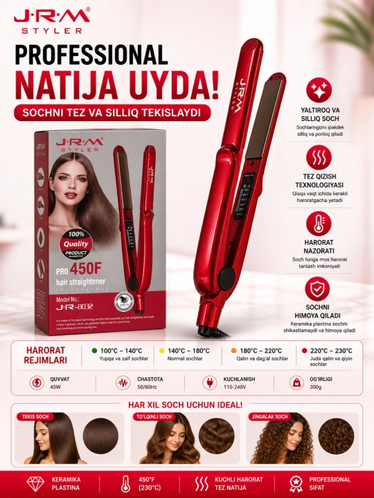 Профессиональный утюжок, выпрямитель для волос JRM styler с LCD дисплеем - 