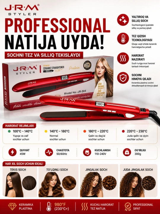 Professional soch tekislovchi dazmol JRM styler LCD displeyli