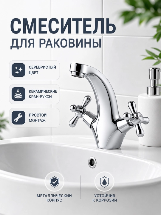 Смеситель для раковины два вентиля металлический керамические кран-буксы с подводкой