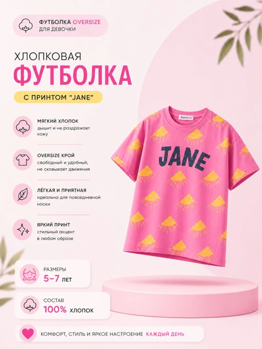 Футболка оверсайз для девочки розовая, хлопковая, 5–7 лет