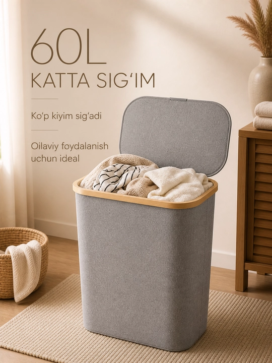 Корзина для белья, с крышкой – тканевая, современный дизайн, прямоугольная
