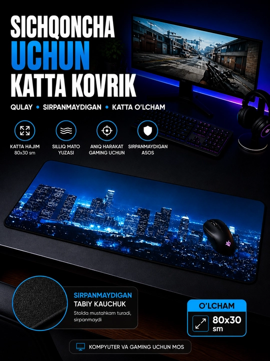 O'yin kompyuteri sichqonchasi va klaviaturaga gilamcha, 80 x 30 sm - 