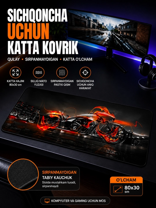 O'yin kompyuteri sichqonchasi va klaviaturaga gilamcha, 80 x 30 sm - 