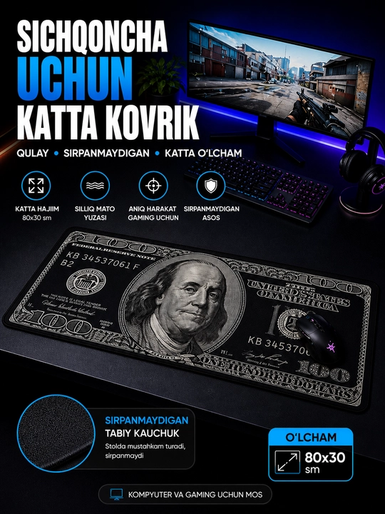 O'yin kompyuteri sichqonchasi va klaviaturaga gilamcha, 80 x 30 sm - 