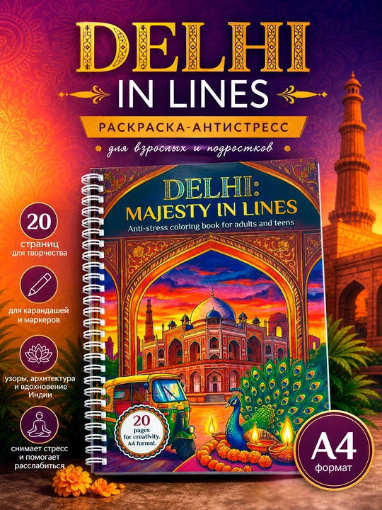 Антистресс раскраска Delhi in Lines, архитектура и узоры Индии, 20 страниц, A4 - 